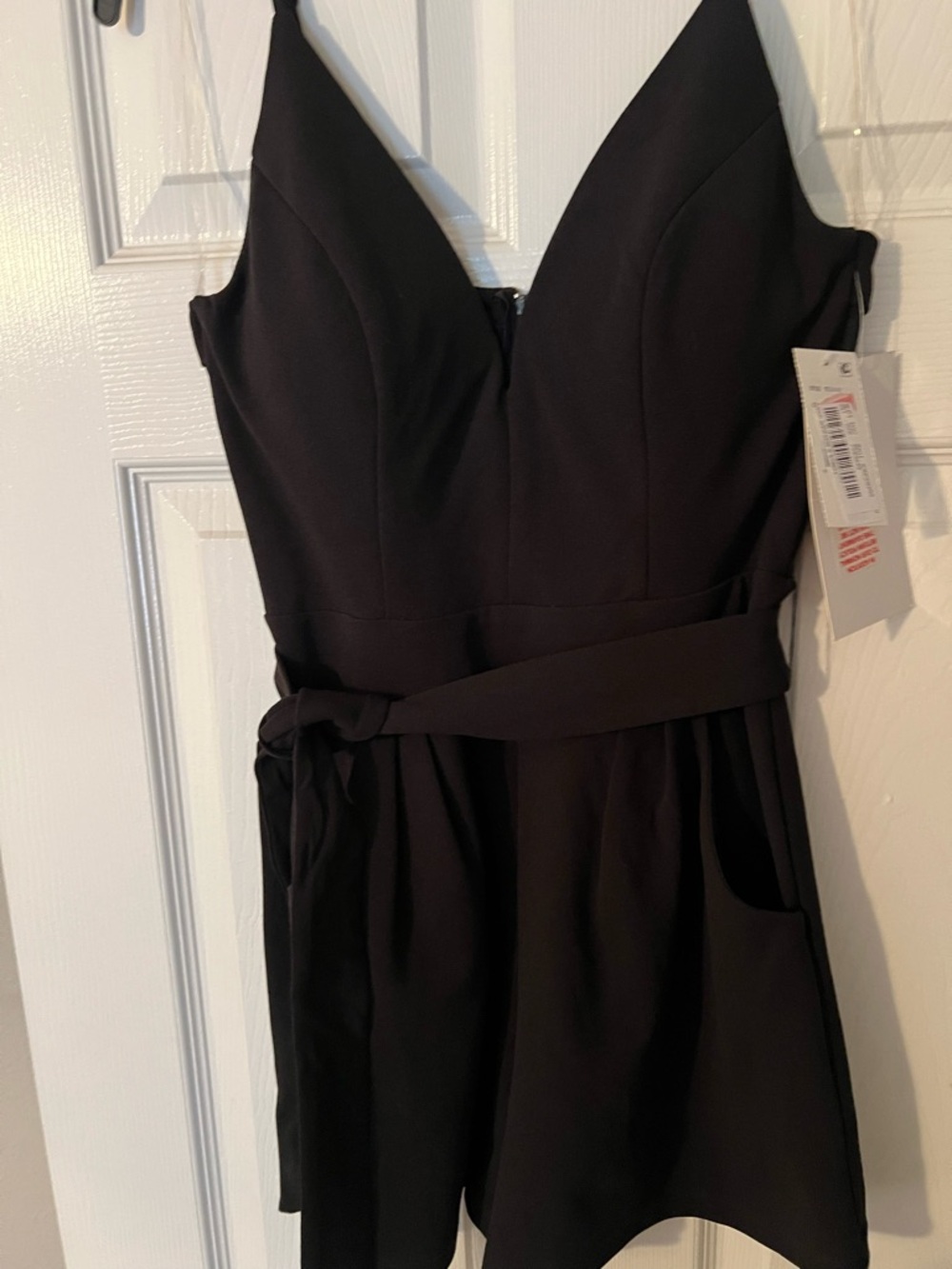 Honey and Rosie Black Strapless V-Neck Romper with Waist Tie